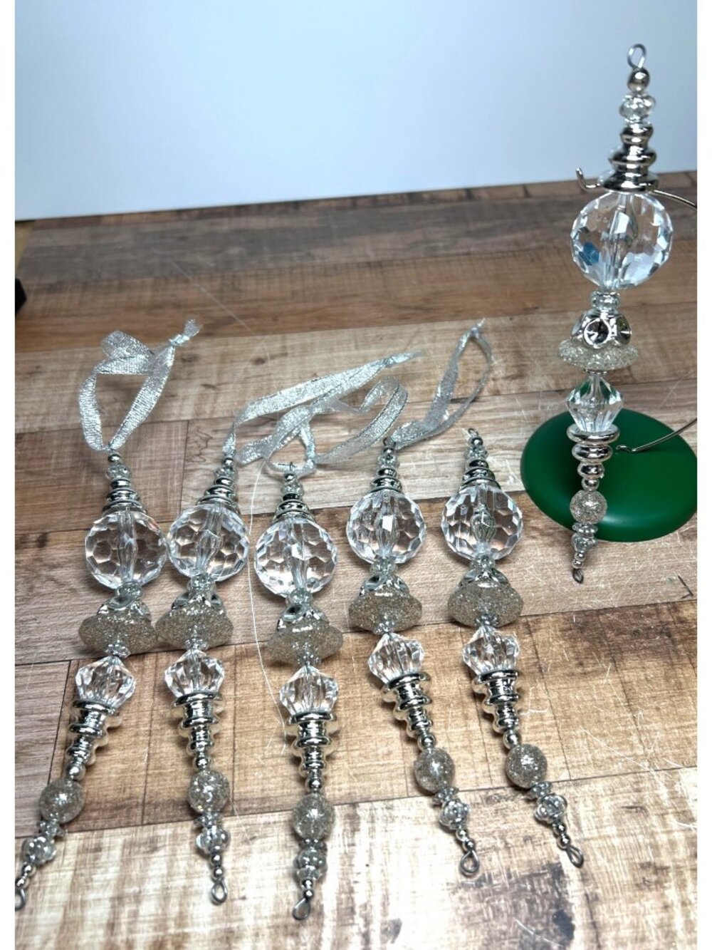 Faux Crystal & Silver Beaded Christmas Ornaments Set Of 6 With Hanging Loop